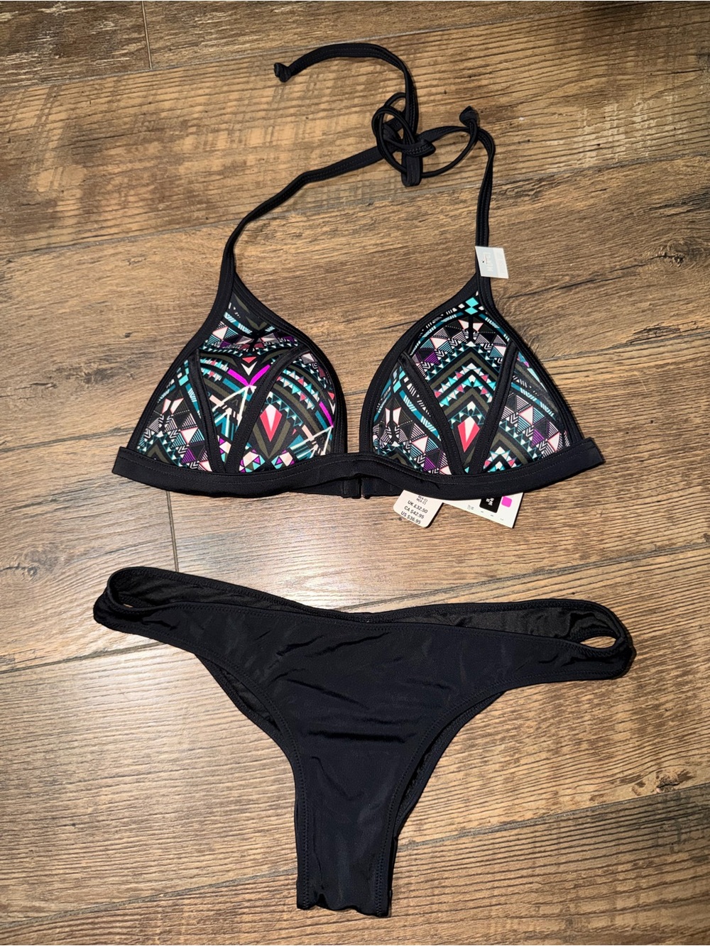 Victoria secrets Black Triangle Bikini Set with Multicolor Geometric Print
